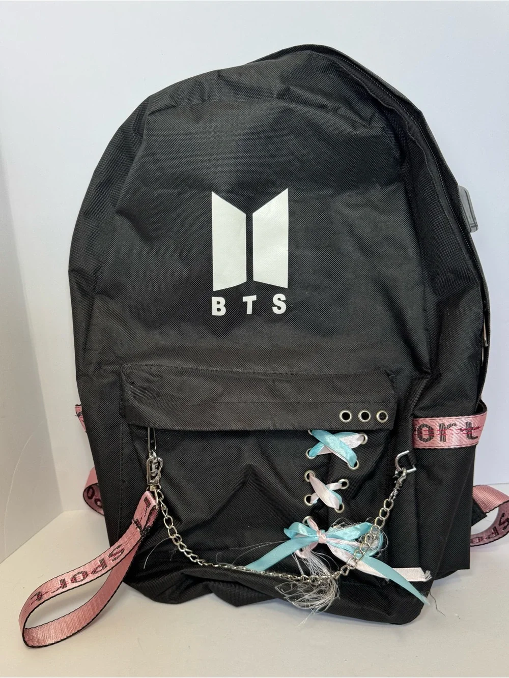 BTS K-Pop Inspired Black Fashion Backpack with Chain & Ribbon Accents